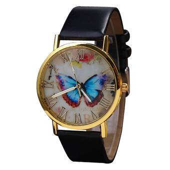 Sanwood Vintage Women's Butterfly Faux Leather Quartz Analog Dress Wrist Watch Black  