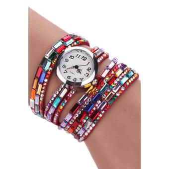 Sanwood Woman Exotic Beads Crystals Quartz Bracelet Wrist Watch Red  