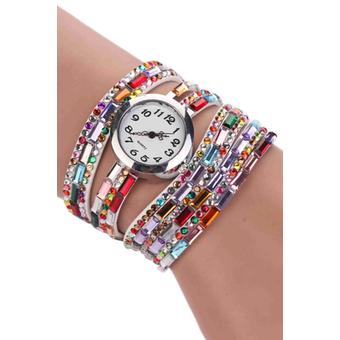 Sanwood Woman Exotic Beads Crystals Quartz Bracelet Wrist Watch White  