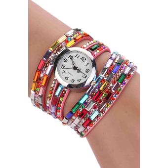 Sanwood Woman Exotic Beads Crystals Quartz Bracelet Wrist Watch Pink  