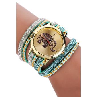 Sanwood Women Elephant Rhinestones Rivets Multi Layers Wrap Wrist Watch Sky Blue  