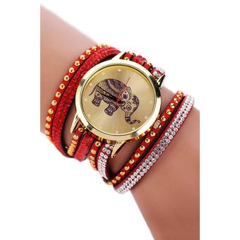 Sanwood Women Elephant Rhinestones Rivets Multi Layers Wrap Wrist Watch Red  