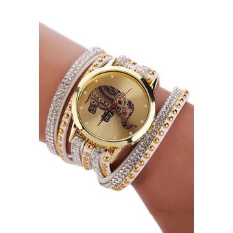 Sanwood Women Elephant Rhinestones Rivets Multi Layers Wrap Wrist Watch White  