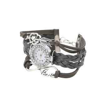 Sanwood Women Faux Leather Braided Bracelet Charm Quartz Wrist Watch Grey  