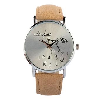 Sanwood Women Faux Leather Quartz Date Round Dial Analog Wrist Watch Beige  