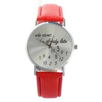 Sanwood Women Faux Leather Quartz Date Round Dial Analog Wrist Watch Red  