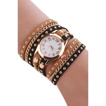 Sanwood Women Multilayer Rivet Faux Leather Band Wrap Bracelet Wrist Watch Coffee+Black  