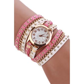 Sanwood Women Multilayer Rivet Faux Leather Band Wrap Bracelet Wrist Watch White-Pink  