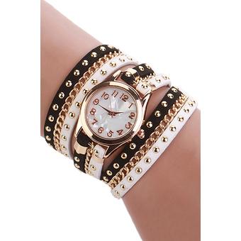 Sanwood Women Multilayer Rivet Faux Leather Band Wrap Bracelet Wrist Watch Black+White  