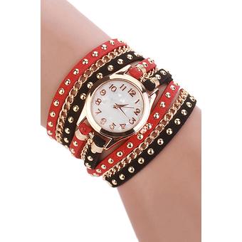 Sanwood Women Multilayer Rivet Faux Leather Band Wrap Bracelet Wrist Watch Red-Black  