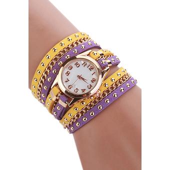 Sanwood Women Multilayer Rivet Faux Leather Band Wrap Bracelet Wrist Watch Purple+Yellow  