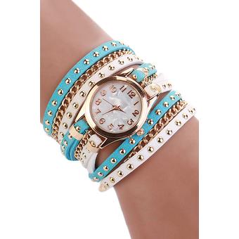 Sanwood Women Multilayer Rivet Faux Leather Band Wrap Bracelet Wrist Watch White+Sky Blue  