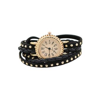 Sanwood Women Punk Rivet Braided Faux Leather Wrap Bracelet Wrist Watch Black  