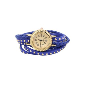 Sanwood Women Punk Rivet Braided Faux Leather Wrap Bracelet Wrist Watch Navy  