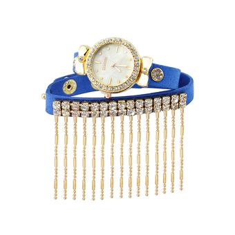 Sanwood Women Rhinestone Alloy Tassel Faux Leather Wrap Bracelet Wrist Watch Blue  