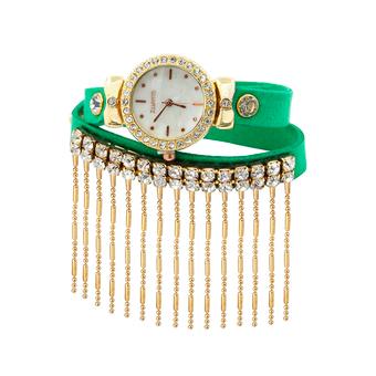 Sanwood Women Rhinestone Alloy Tassel Faux Leather Wrap Bracelet Wrist Watch Mint Green  