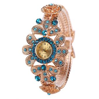 Sanwood Women Rhinestone Big Flower Deco Bangle Wrist Watch Sky Blue  