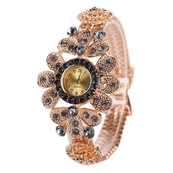 Sanwood Women Rhinestone Big Flower Deco Bangle Wrist Watch Black  