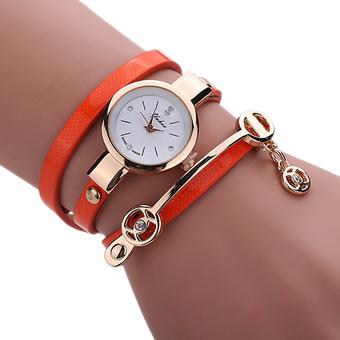 Sanwood Women Slim Orange Faux Leather Strap Crystal Dial Analog Quartz Wrist Watch  