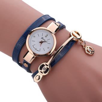 Sanwood Women Slim Sapphire Blue Faux Leather Strap Crystal Dial Analog Quartz Wrist Watch  