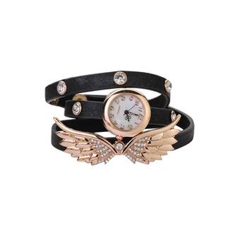 Sanwood Women's Angel Wings Rhinestone Leather Bracelet Quartz Watch Black (Intl)  