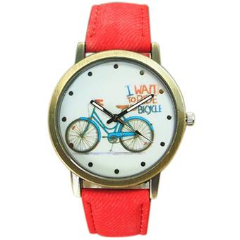 Sanwood Women's Bike Bronze Jean Fabric Band Quartz Analog Wrist Watch Red  