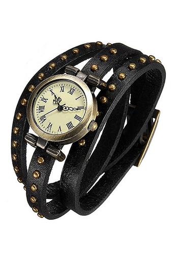 Sanwood Women's Black Faux Leather Strap Watch  