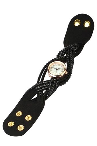 Sanwood Women's Black Leather Bracelet Rhinestone Faux Watch  