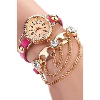 Sanwood Women's Bohemia Rhinestone Alloy Faux Leather Wrap Chain Wrist Watch Rose-Red  