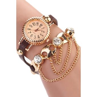 Sanwood Women's Bohemia Rhinestone Alloy Faux Leather Wrap Chain Wrist Watch Brown  