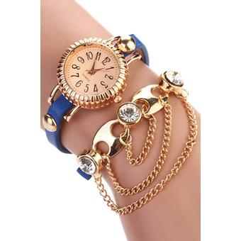 Sanwood Women's Bohemia Rhinestone Alloy Faux Leather Wrap Chain Wrist Watch Blue  