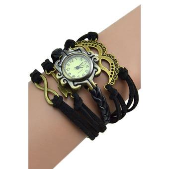 Sanwood Women's Bronze Infinity Beard Charm Leather Bracelet Wrist Watch Black  