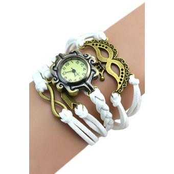 Sanwood Women's Bronze Infinity Beard Charm Leather Bracelet Wrist Watch White  