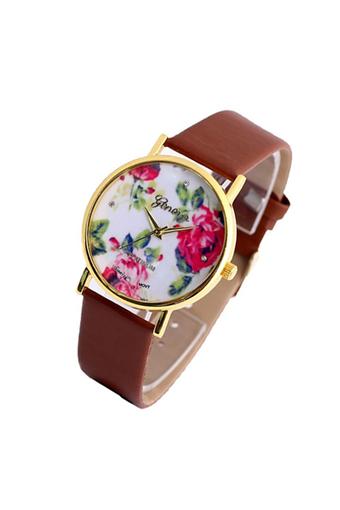 Sanwood Women's Brown Leather Strap Watch Rose Flower Dress  