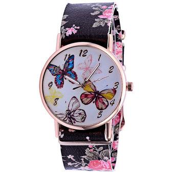 Sanwood Women's Butterfly Flower Printed Faux Leather Quartz Watch Black (Intl)  