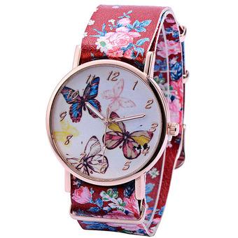 Sanwood Women's Butterfly Flower Printed Faux Leather Quartz Watch Red (Intl)  