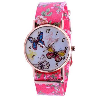 Sanwood Women's Butterfly Flower Printed Faux Leather Quartz Watch Rose-Red (Intl)  