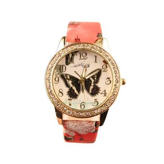 Sanwood Women's Crystal Butterfly Flower Printed Analog Quartz Wrist Watch Red  