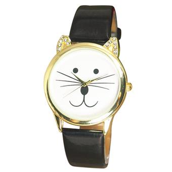 Sanwood Women's Crystal Cat Face Beard Faux Leather Analog Quartz Wrist Watch Black  