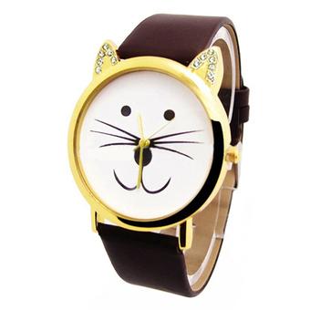 Sanwood Women's Crystal Cat Face Beard Faux Leather Analog Quartz Wrist Watch Coffee  