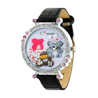 Sanwood Women's Crystal Polymer Clay Black Leather Quartz Wrist Watch  