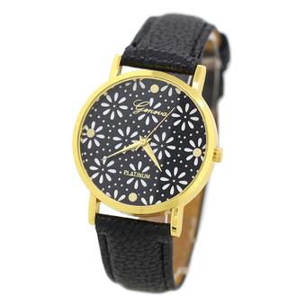 Sanwood Women's Dual Layer Faux Leather Band Flower Dial Wrist Watch Black  