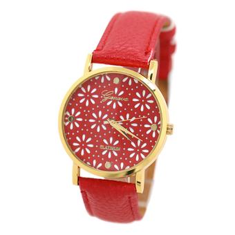 Sanwood Women's Dual Layer Faux Leather Band Flower Dial Wrist Watch Red  