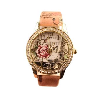 Sanwood Women's Eiffel Tower Rose Pattern Rhinestone Analog Quartz Wrist Watch Brown  