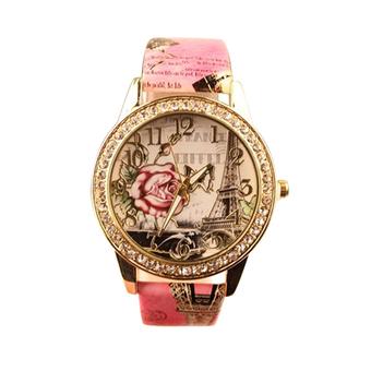 Sanwood Women's Eiffel Tower Rose Pattern Rhinestone Analog Quartz Wrist Watch Pink  