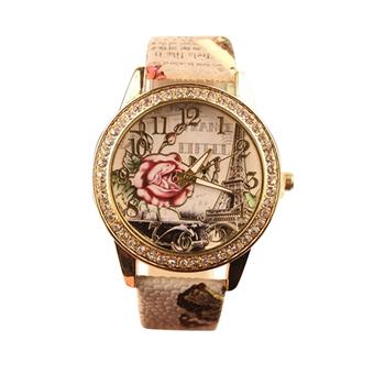 Sanwood Women's Eiffel Tower Rose Pattern Rhinestone Analog Quartz Wrist Watch Grey  