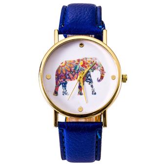 Sanwood Women's Elephant Pattern Golden Case Dark Blue Faux Leather Strap Quartz Wristwatch  