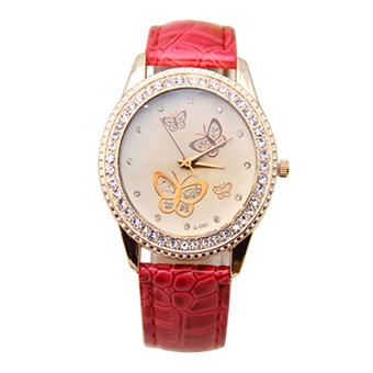 Sanwood Women's Faux Leather Butterflies Dial Quartz Watch Red  