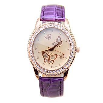 Sanwood Women's Faux Leather Butterflies Dial Quartz Watch Purple  