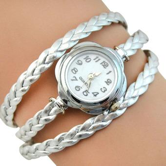 Sanwood Women's Flower Case 3 Layers Braided Wrist Watch Silver (Intl)  